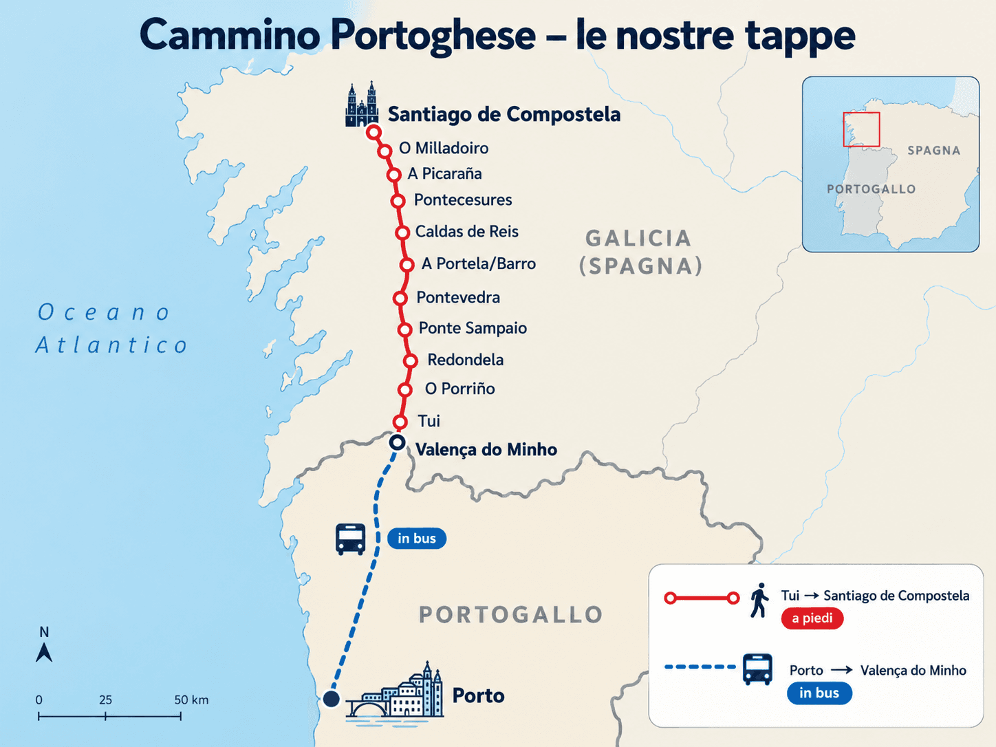 Mappa del Cammino Portoghese con le nostre soste